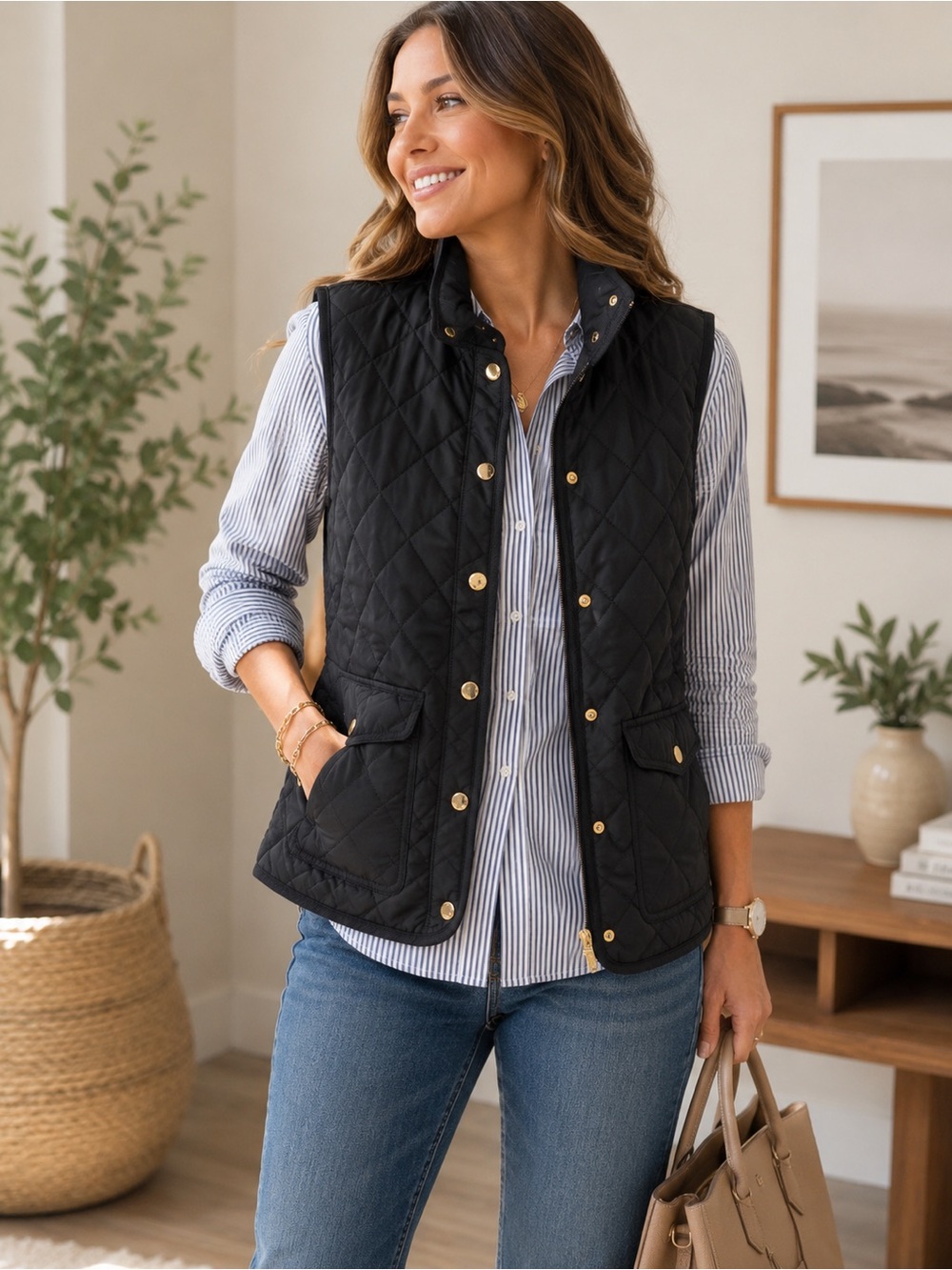 Adrienne Vittadini Black Quilted Puffer Vest Gold Snap Zip Equestrian Preppy XL